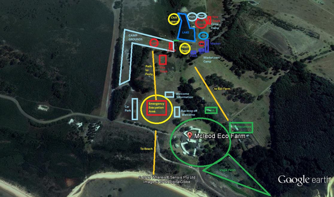 Google earth picture of Festival le Frog site and Mcleod Eco Farm on French Island. Map shows vaious areas including camp ground, vegie patch, Main Stage, market etc.