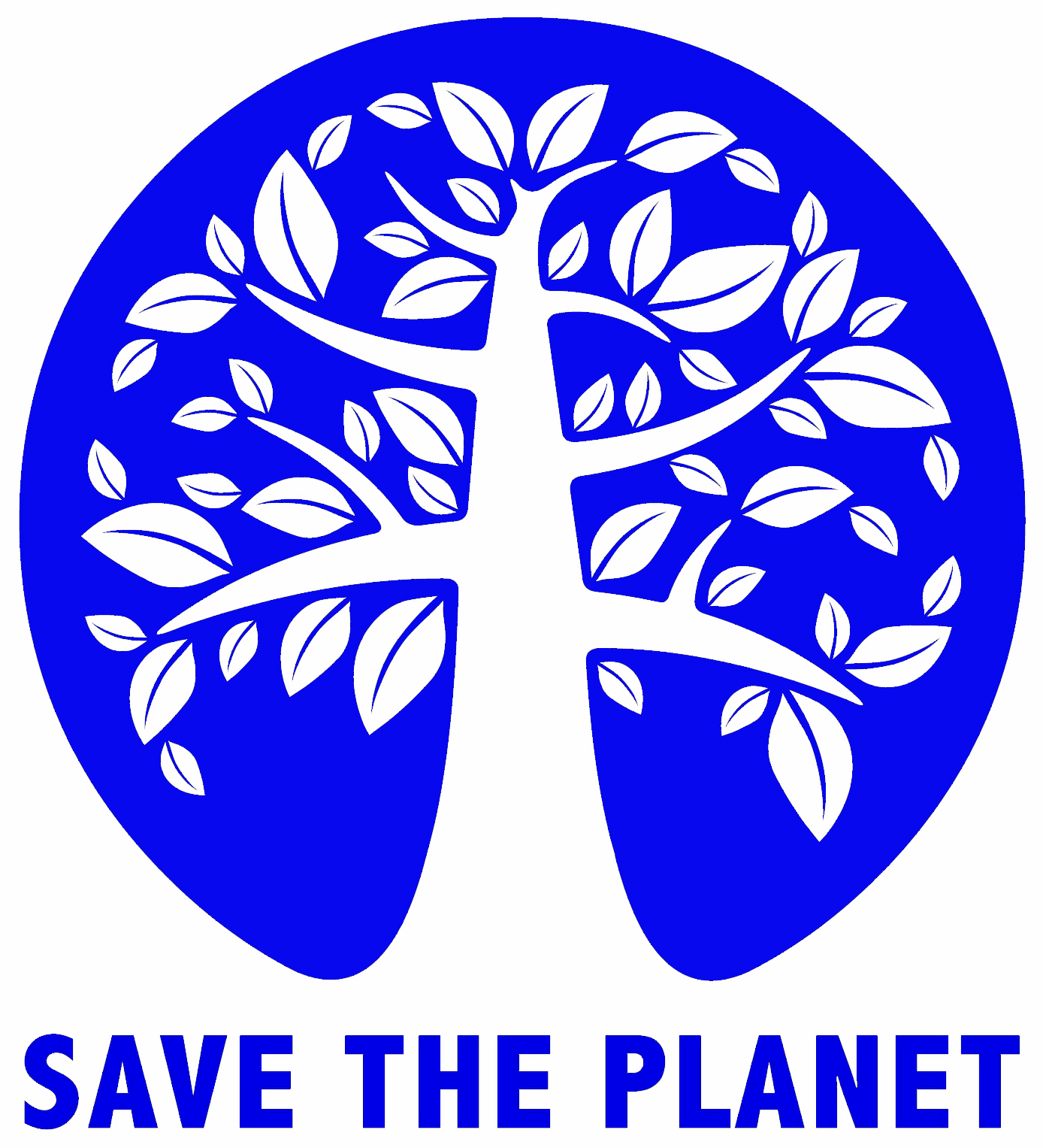 Save the Planet logo. Features a white tree on a blue circle -  the planet earth the water planet, the tree symbolising life