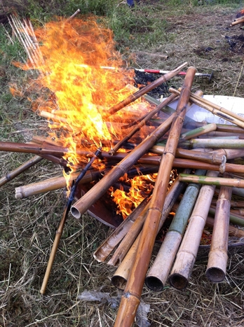 Making biochar in Japan by burning bamboo