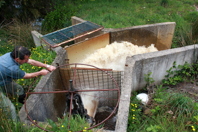 Ron Smith openning a large gate on his dam to irrigate his propperty