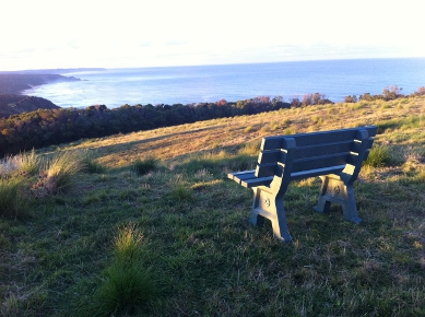 replas seat looking out to southern ocean with sthe light of the rising sun shining from the side